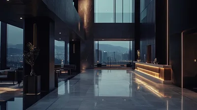 Modern Luxury Hotel Lobby With City Skyline View