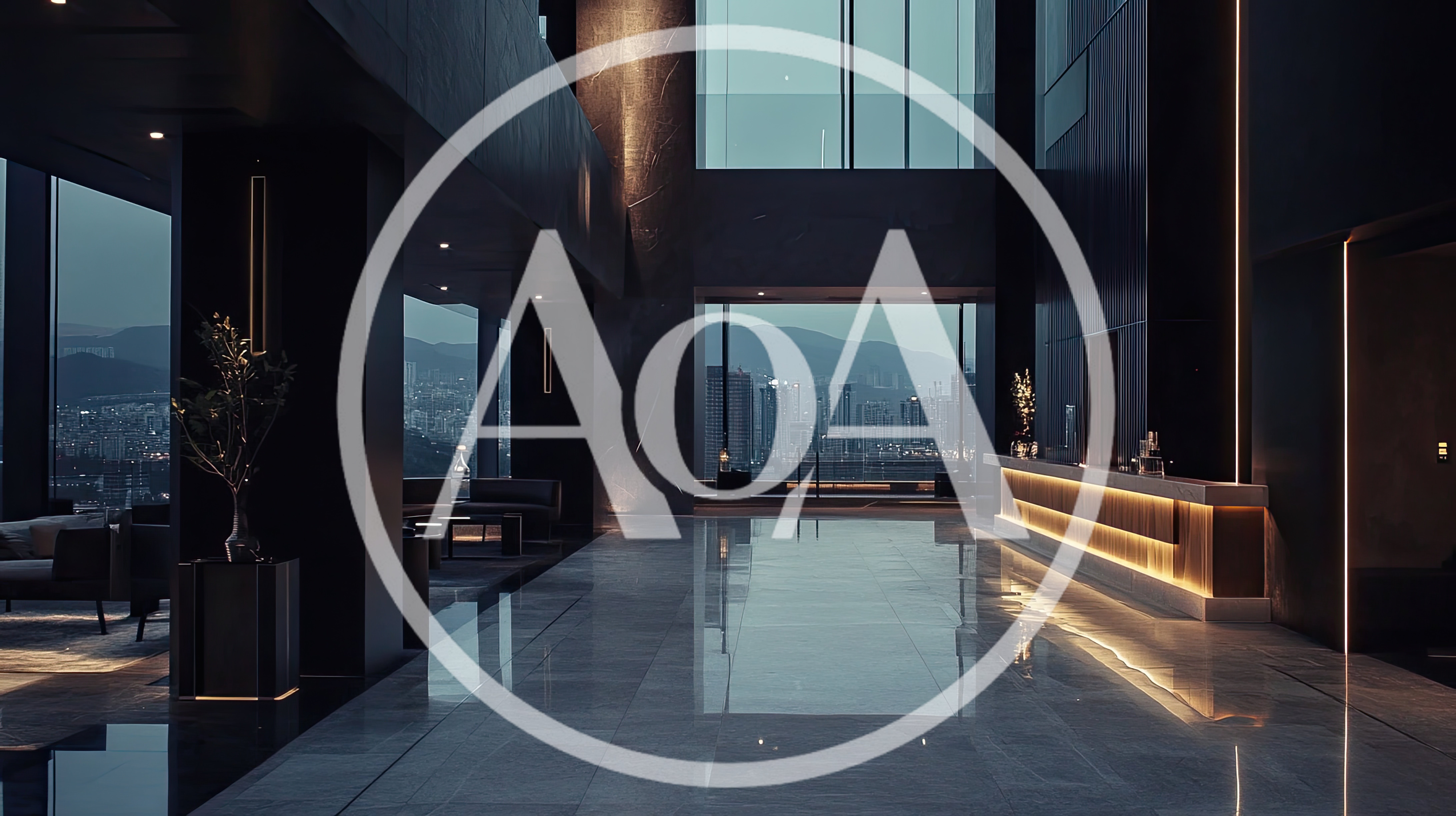 Modern Luxury Hotel Lobby With City Skyline View