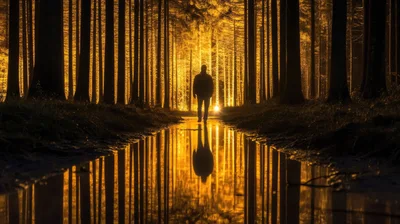 Silhouette Of A Man Walking Through A Golden Forest