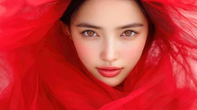 Portrait Of A Beautiful Woman Wrapped In Red Fabric