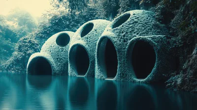 Surreal Stone Domes Overlooking A Calm Forest Lake