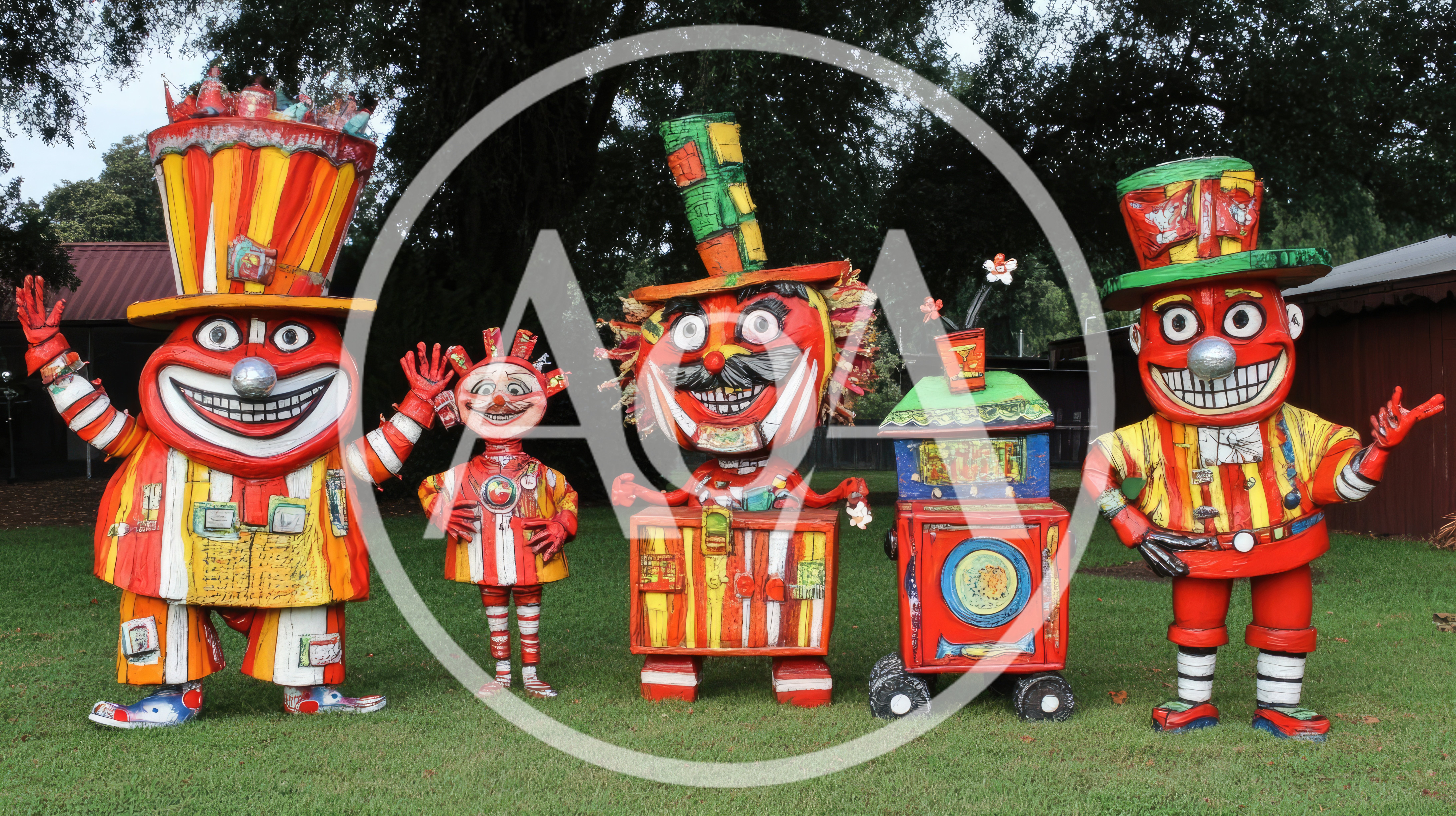Five Whimsical Clown Statues Standing On A Grassy Lawn