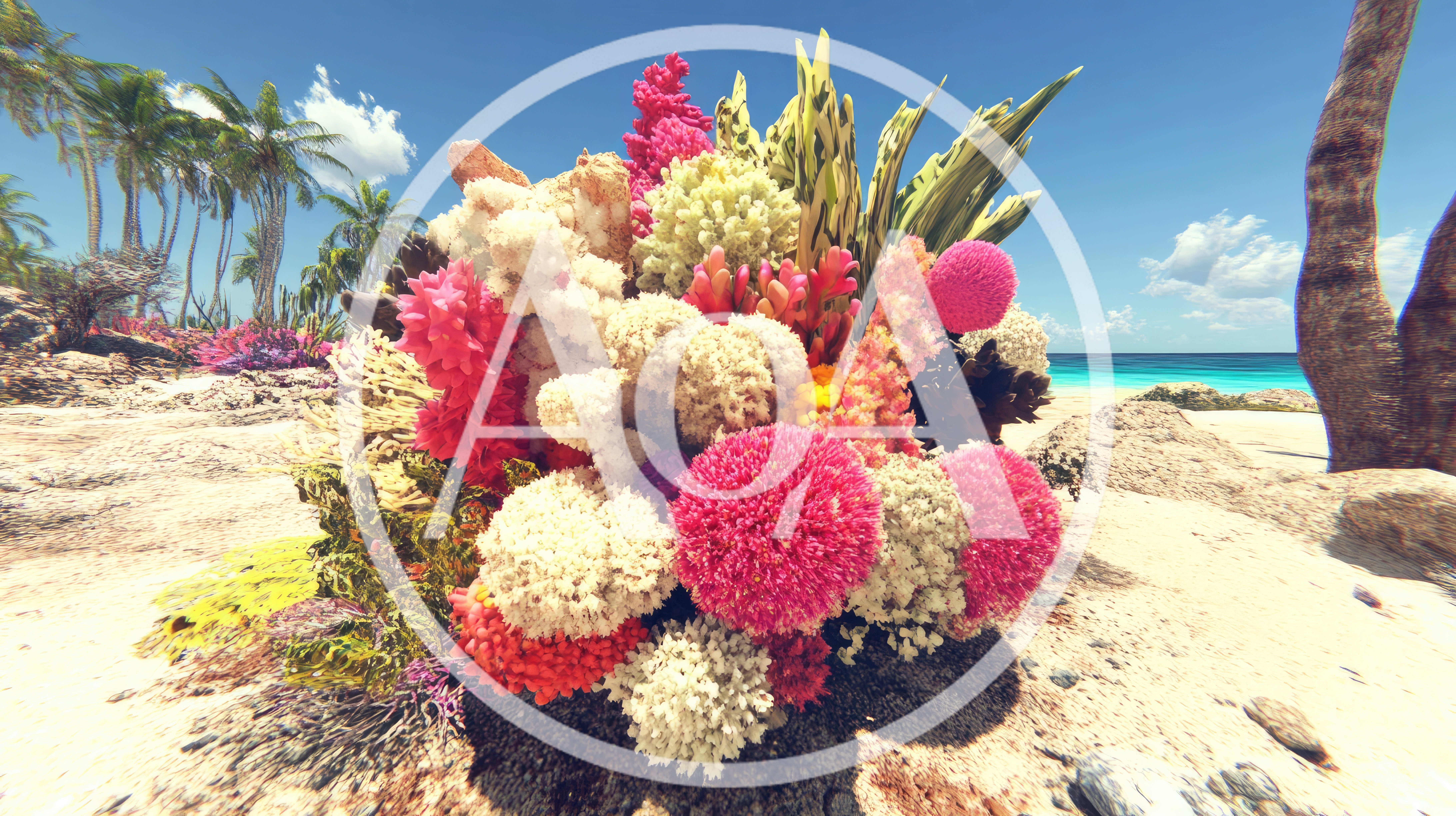 Surreal Tropical Beach With Vibrant Coral Reef Flowers