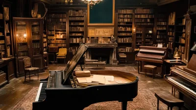 Grand Piano Inside A Classic Dark Wood Library