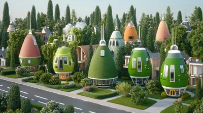 Futuristic Egg Shaped Houses In A Lush Green Neighborhood