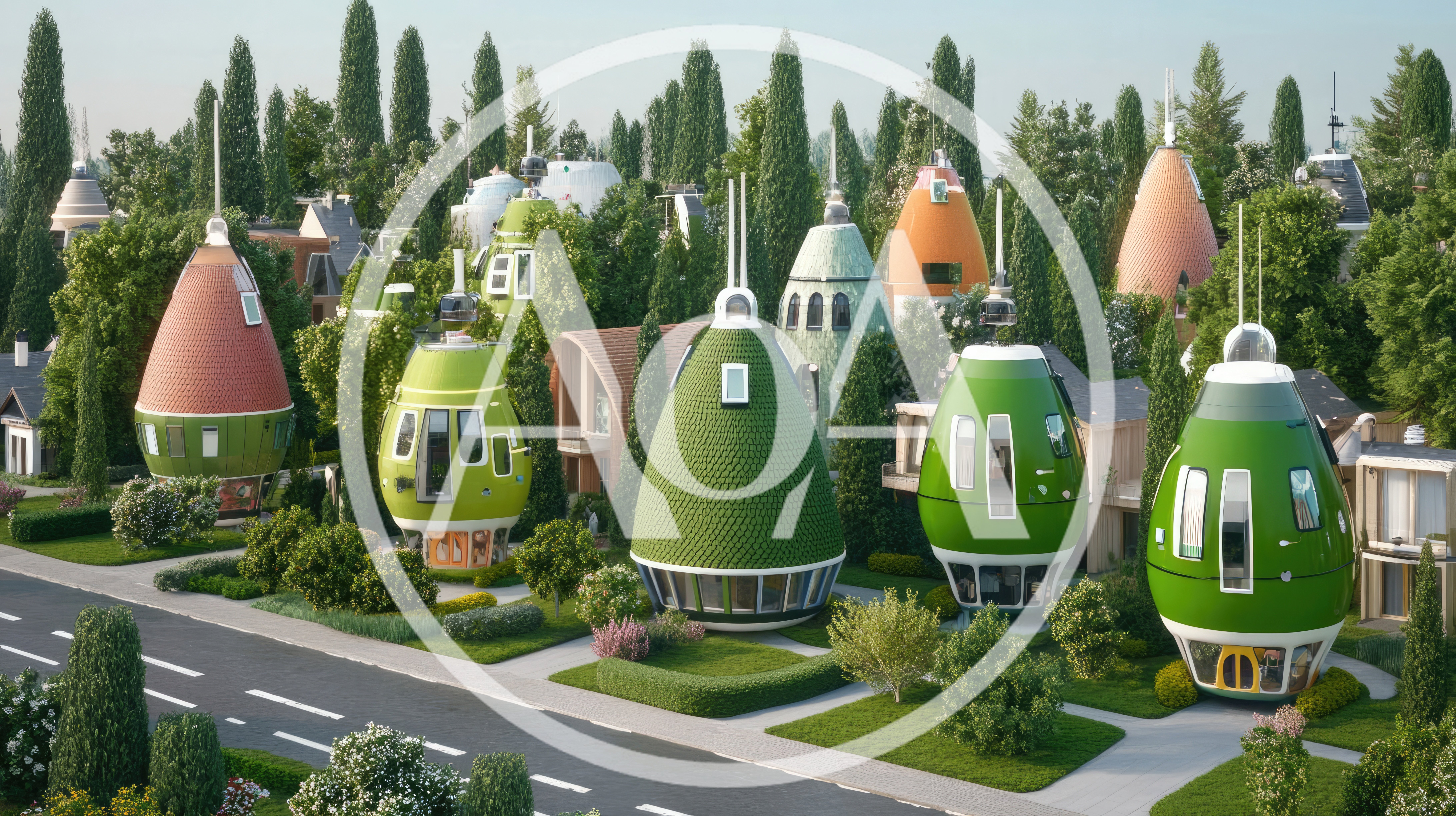 Futuristic Egg Shaped Houses In A Lush Green Neighborhood