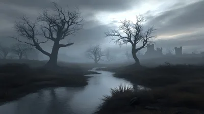 Eerie Foggy Landscape With Bare Trees And Ruined Castle