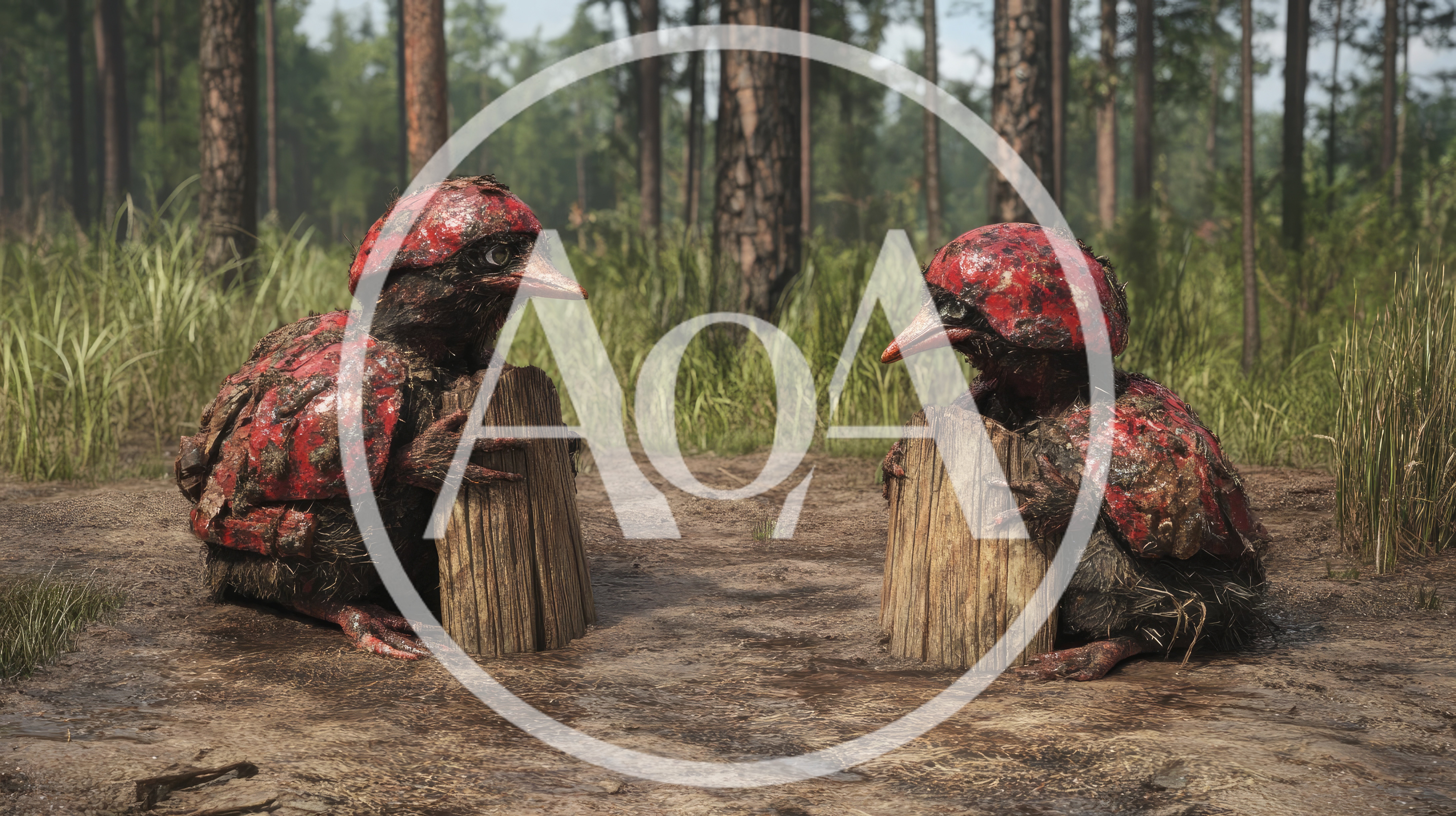 Two Fantasy Creatures With Red Shells Holding Wooden Logs