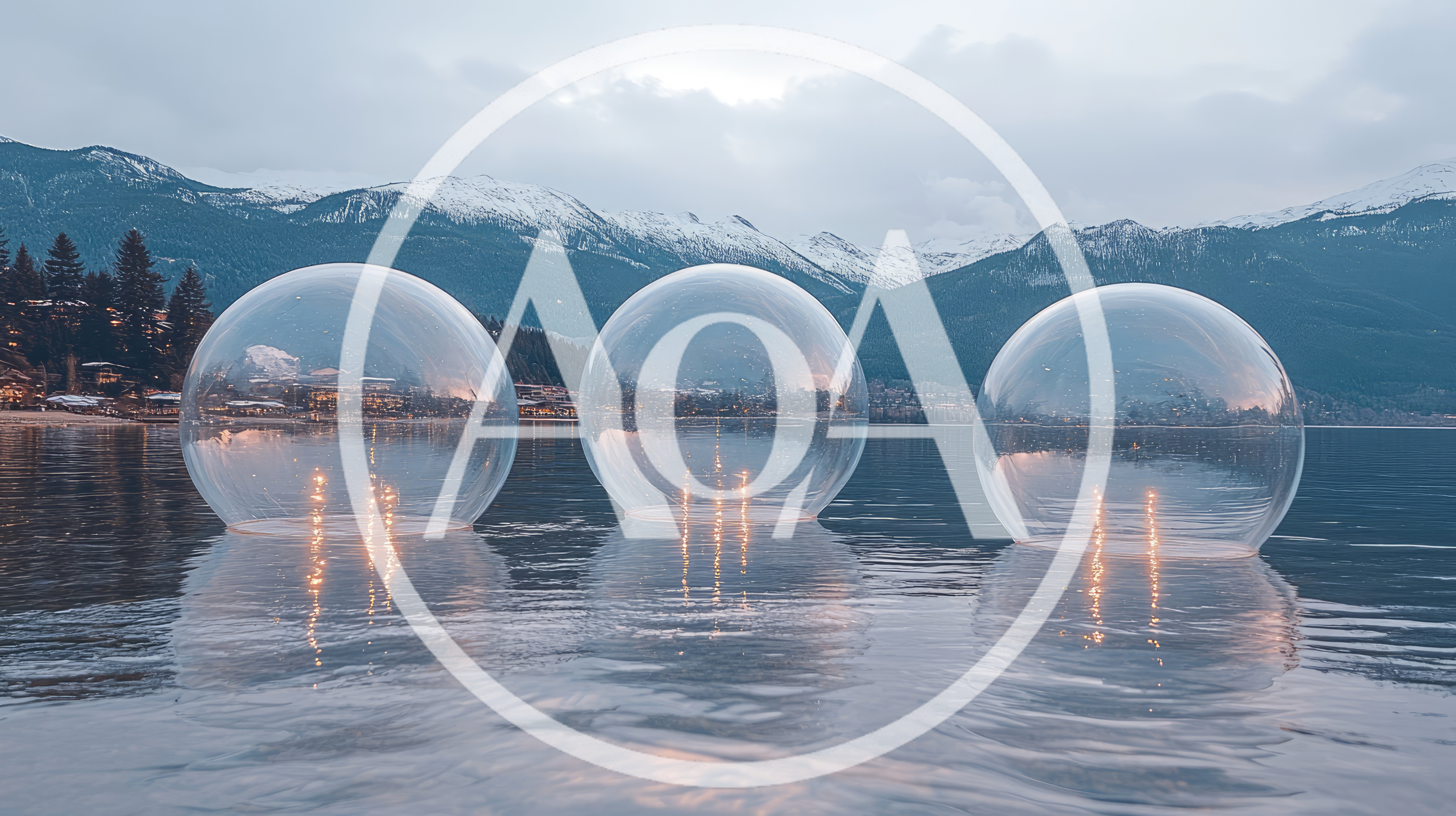 Three Transparent Spheres Floating On A Calm Mountain Lake