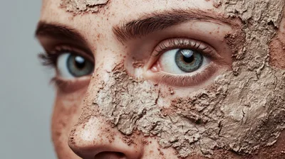 Close Up Portrait Of Woman With Cracked Clay Mask