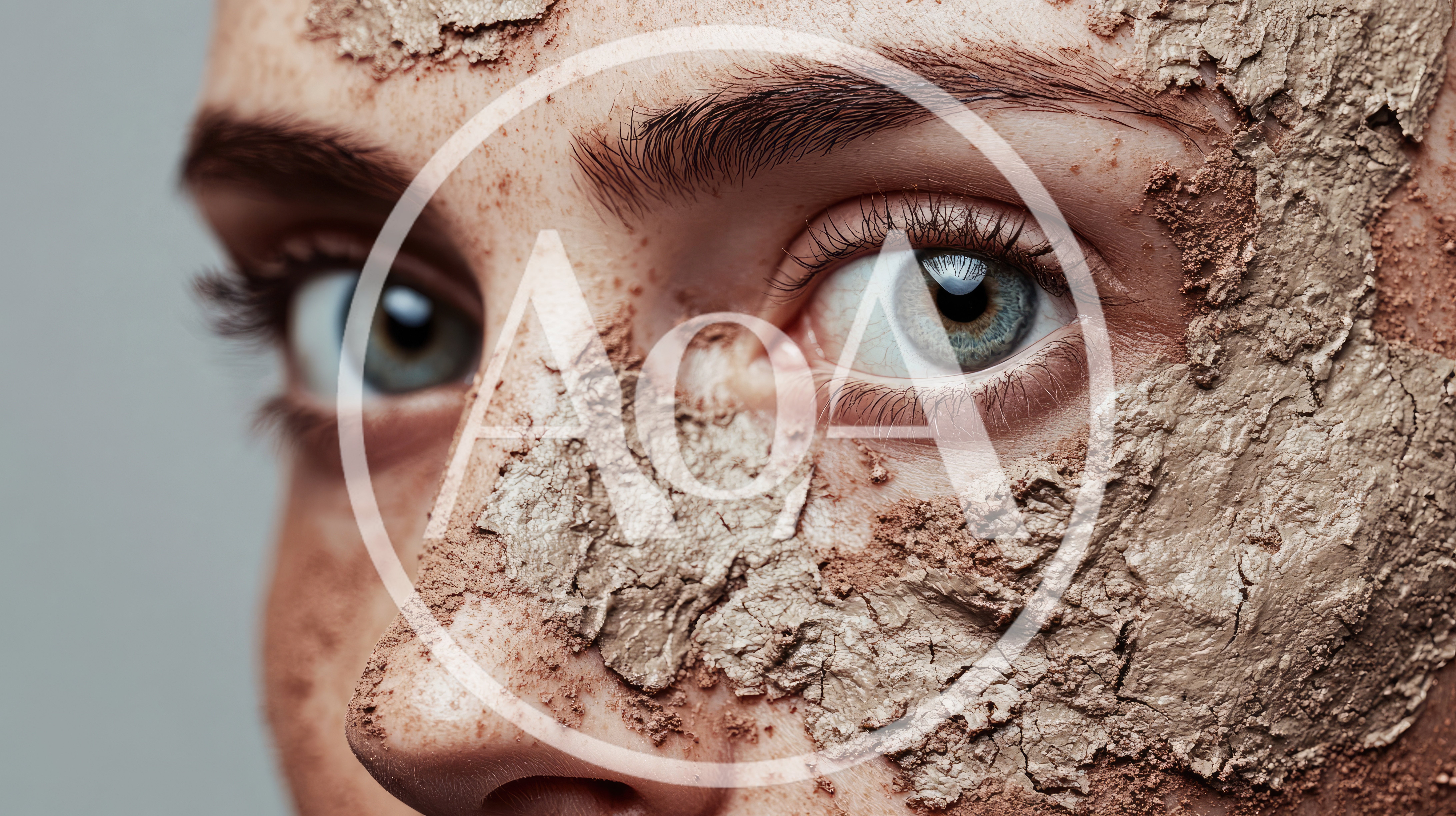Close Up Portrait Of Woman With Cracked Clay Mask