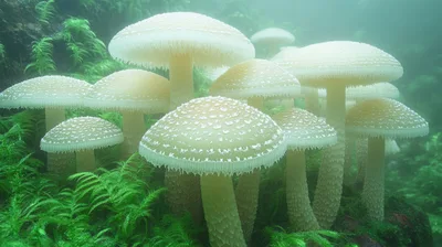 Group Of Glowing White Mushrooms In Misty Forest