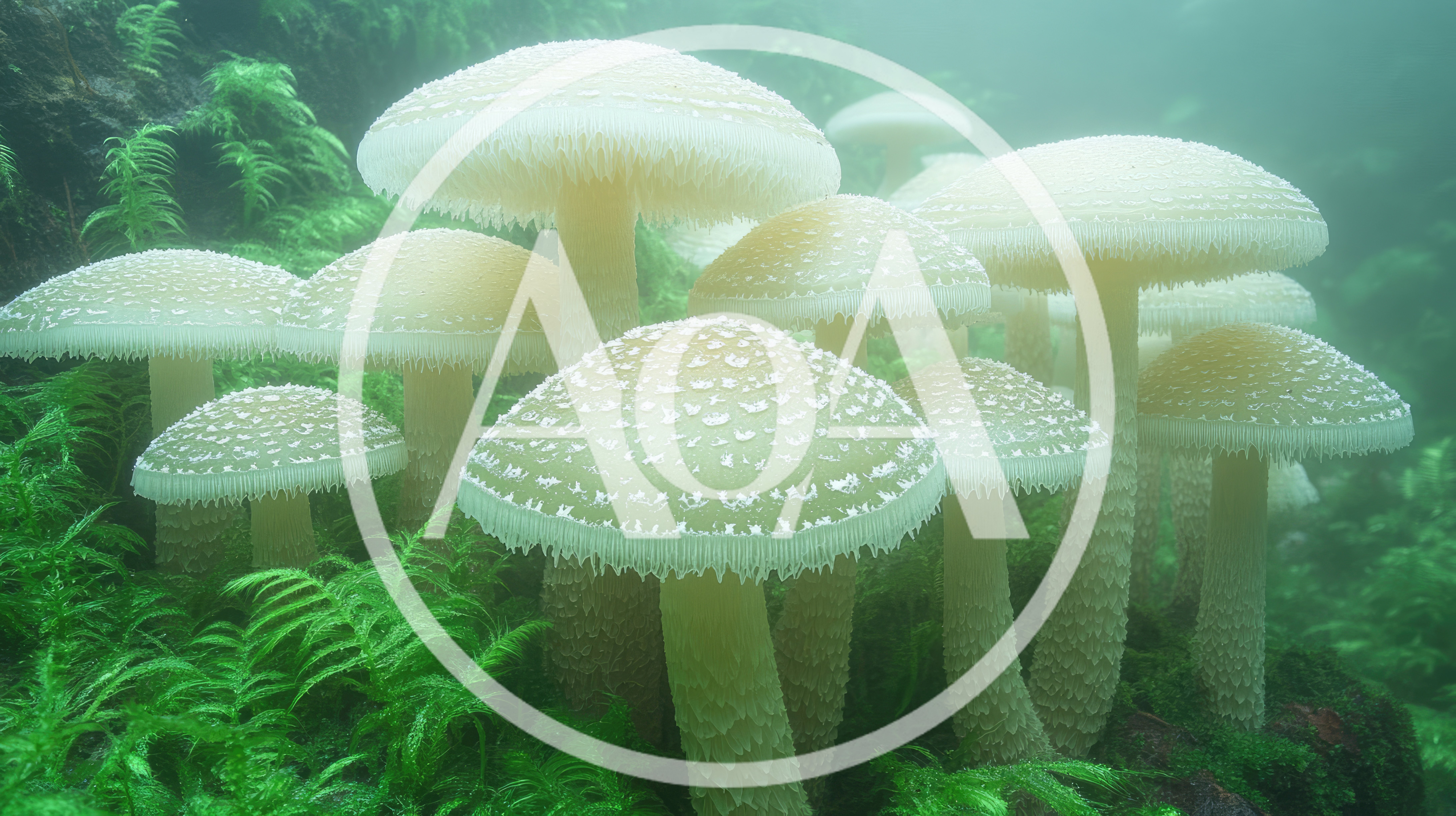 Group Of Glowing White Mushrooms In Misty Forest