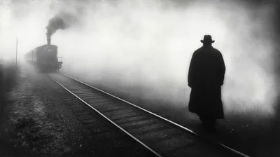 Silhouette Of A Man Walking Along Misty Train Tracks