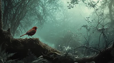 Red Cardinal Perched On Mossy Log In Misty Forest