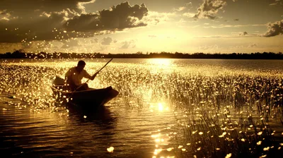 Fisherman Rowing Small Boat Through Golden Water Lilies