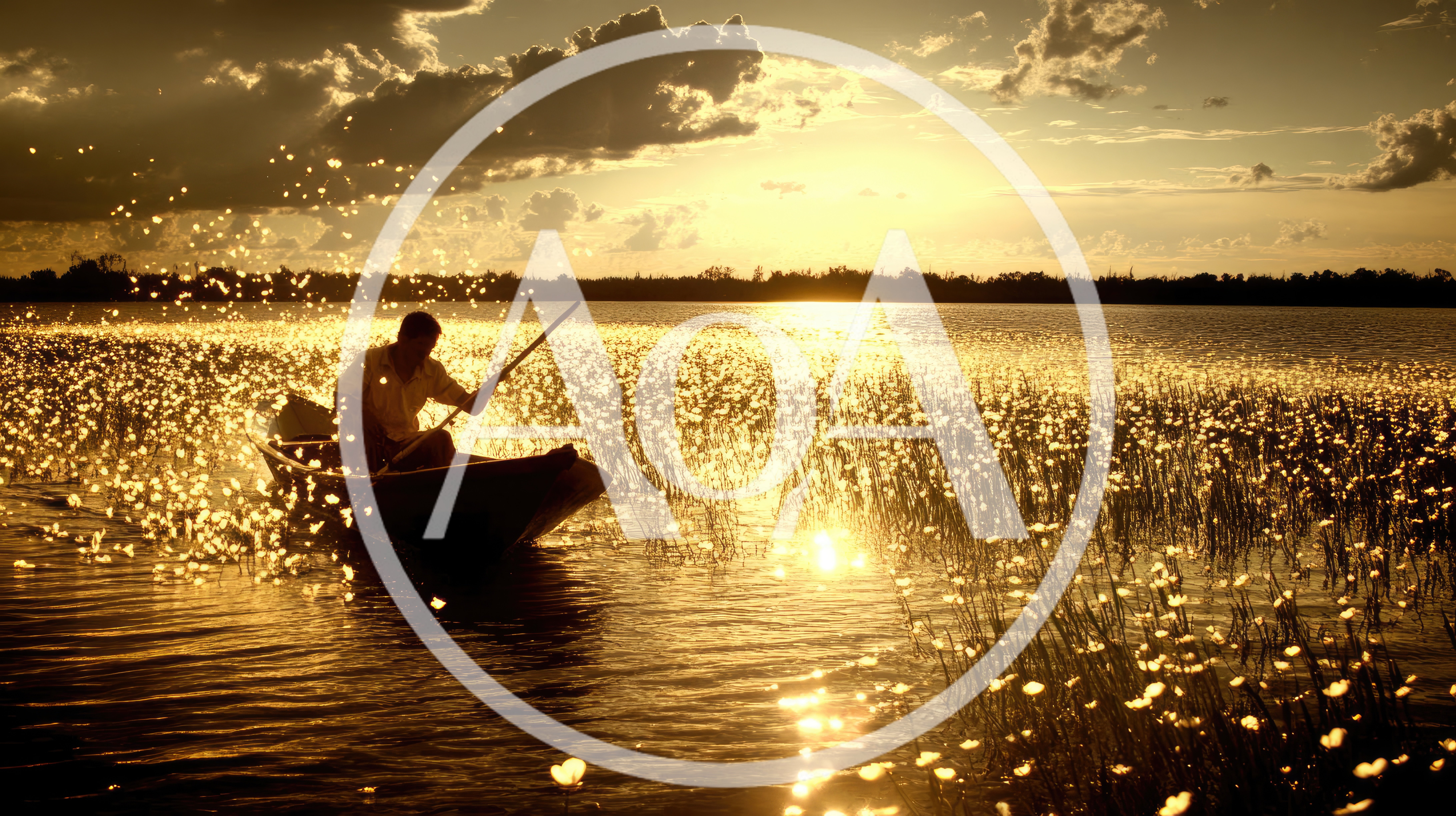 Fisherman Rowing Small Boat Through Golden Water Lilies
