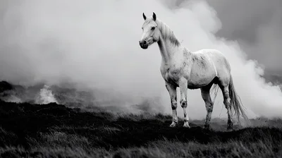 Majestic White Horse Standing In Misty Field