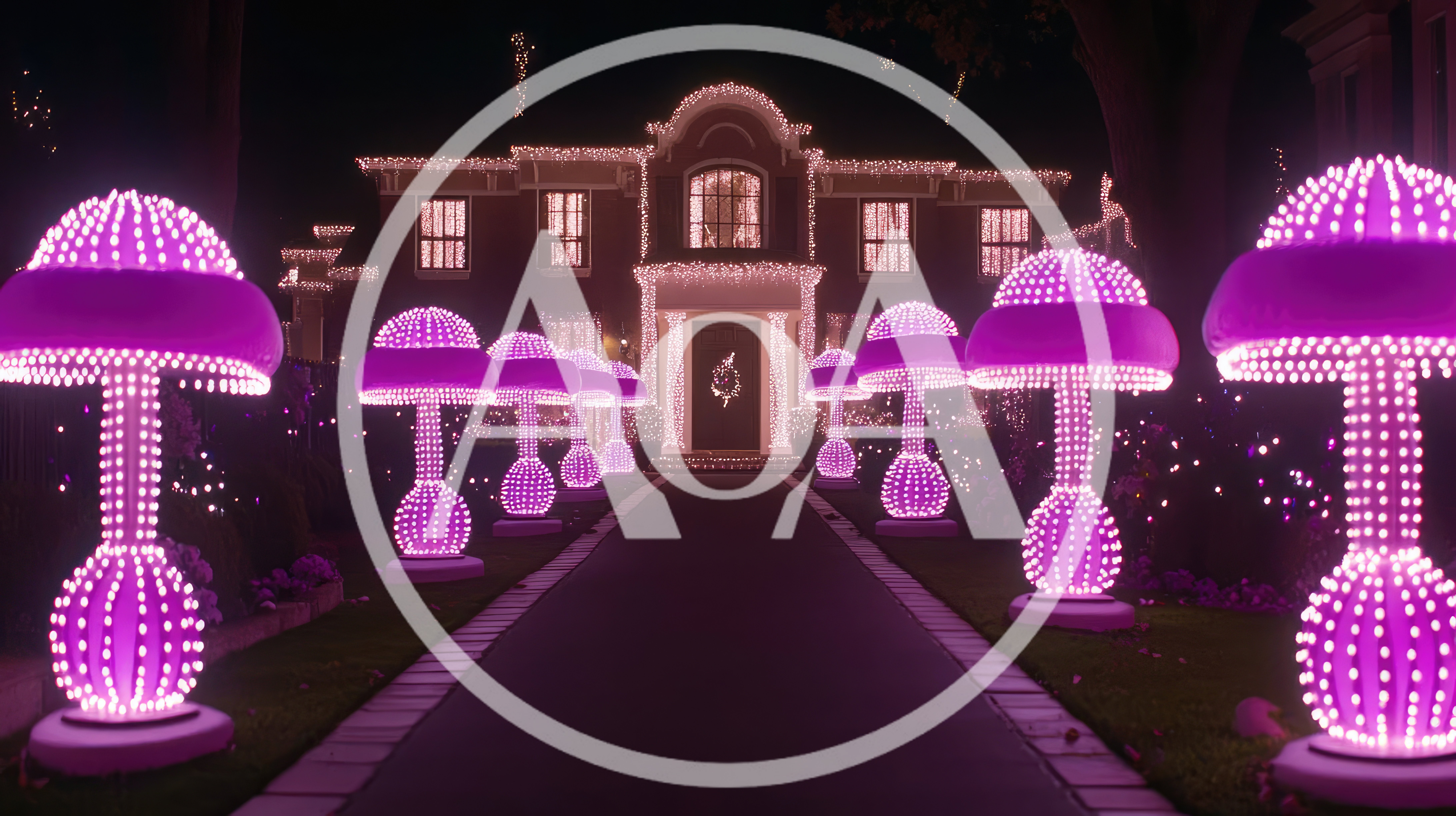 Illuminated Mushroom Decorations Lining A Festive Residential Walkway