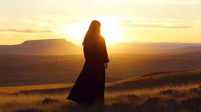 Woman Standing Alone In A Vast Golden Landscape