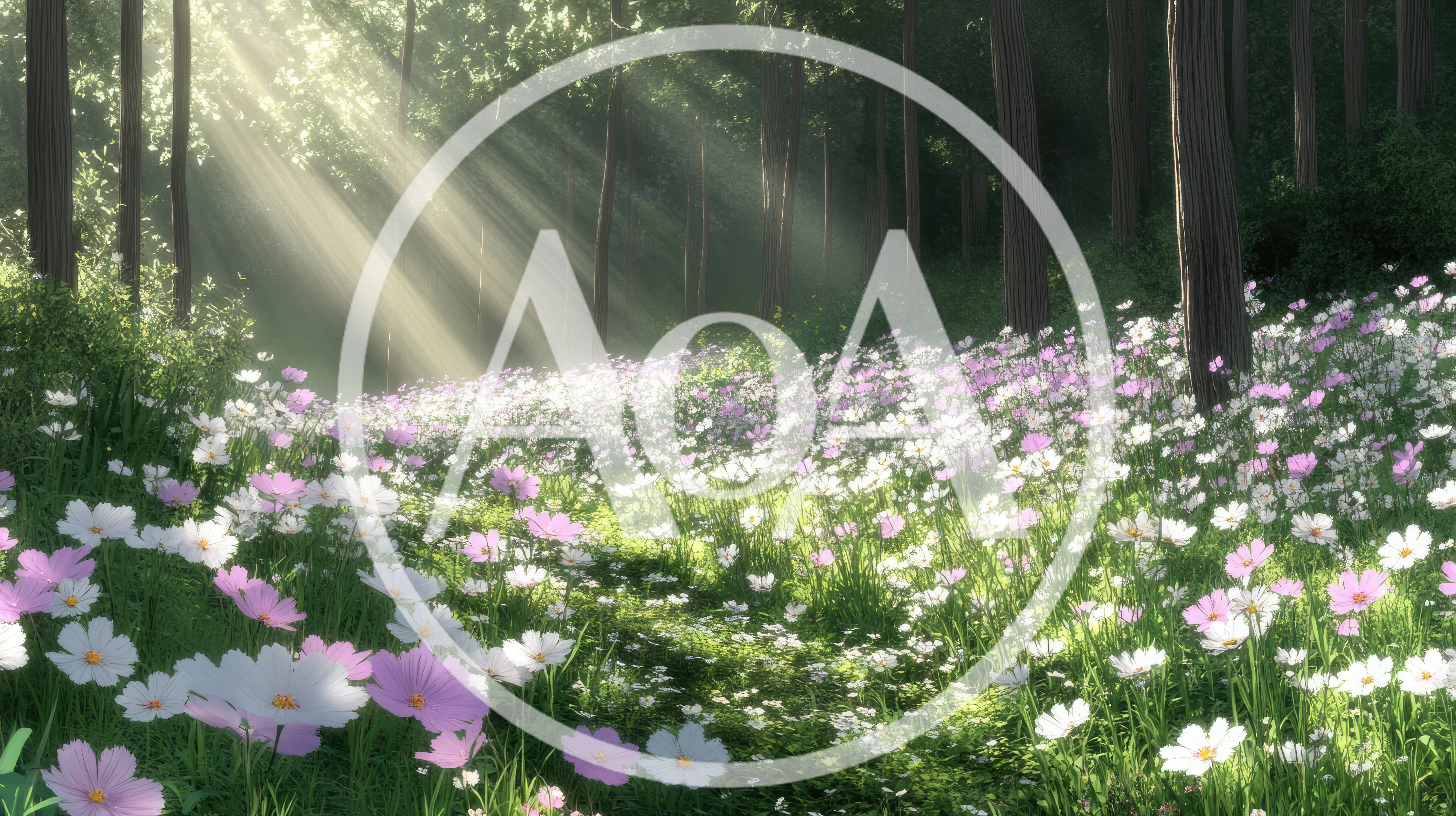 Sunlight Streaming Through Trees Over A Wildflower Meadow