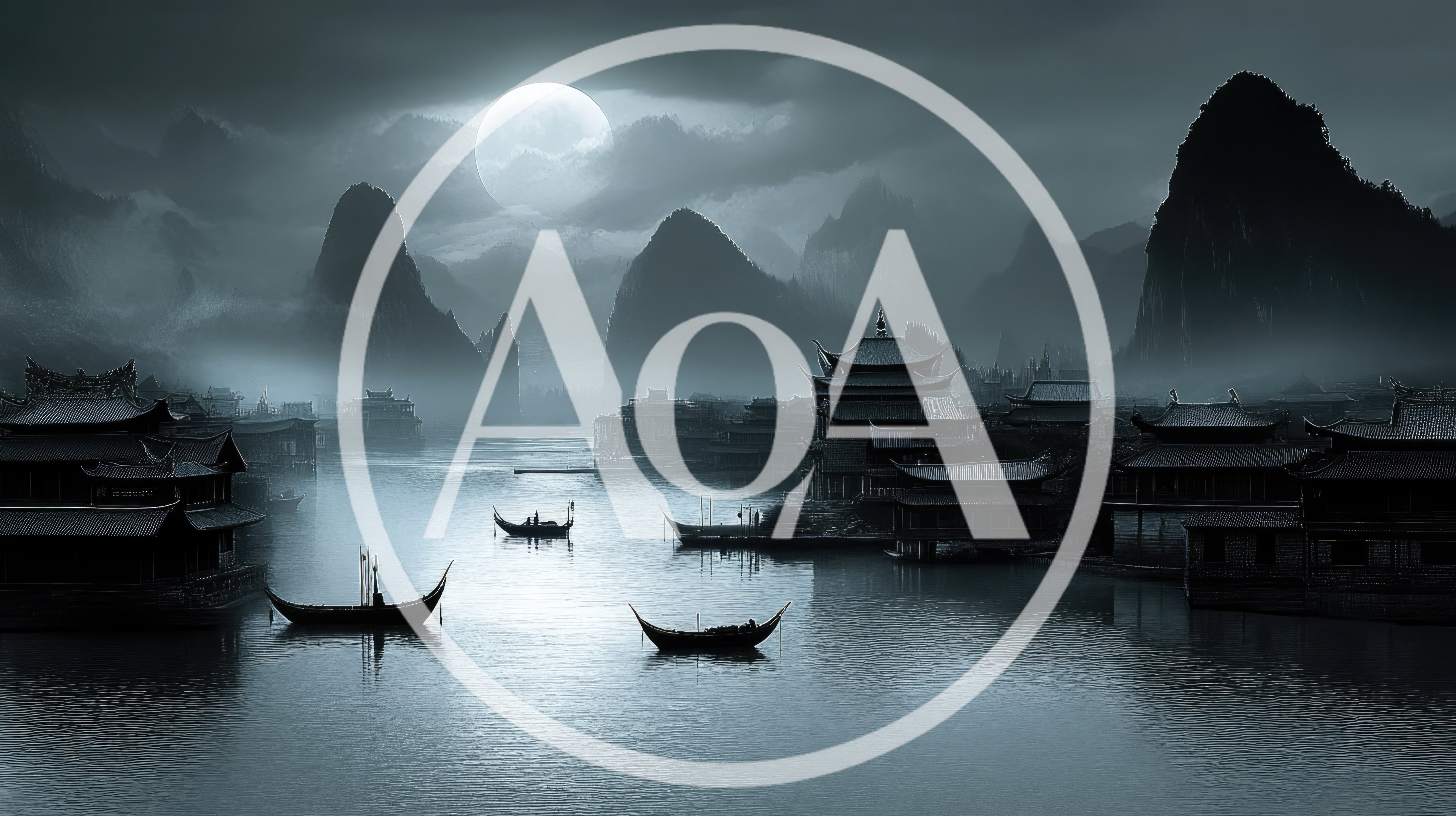 Traditional Chinese Village On A Misty River At Night