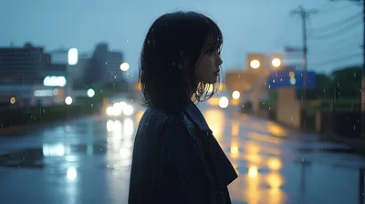 Young Woman Standing Alone in Rainy City Street