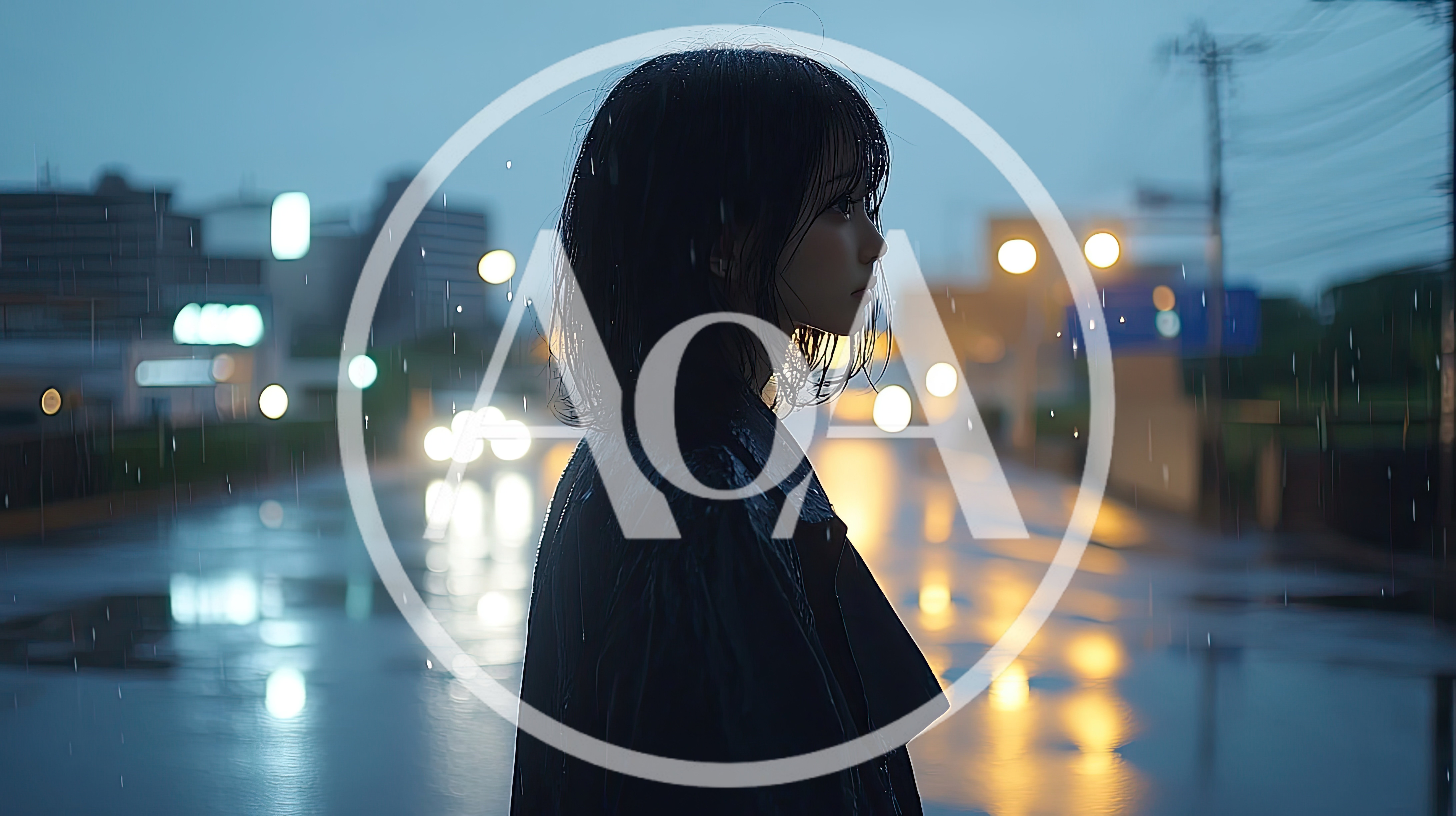 Young Woman Standing Alone in Rainy City Street