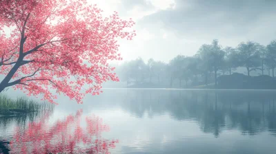 Pink Cherry Blossom Tree Overlooking A Misty Lake