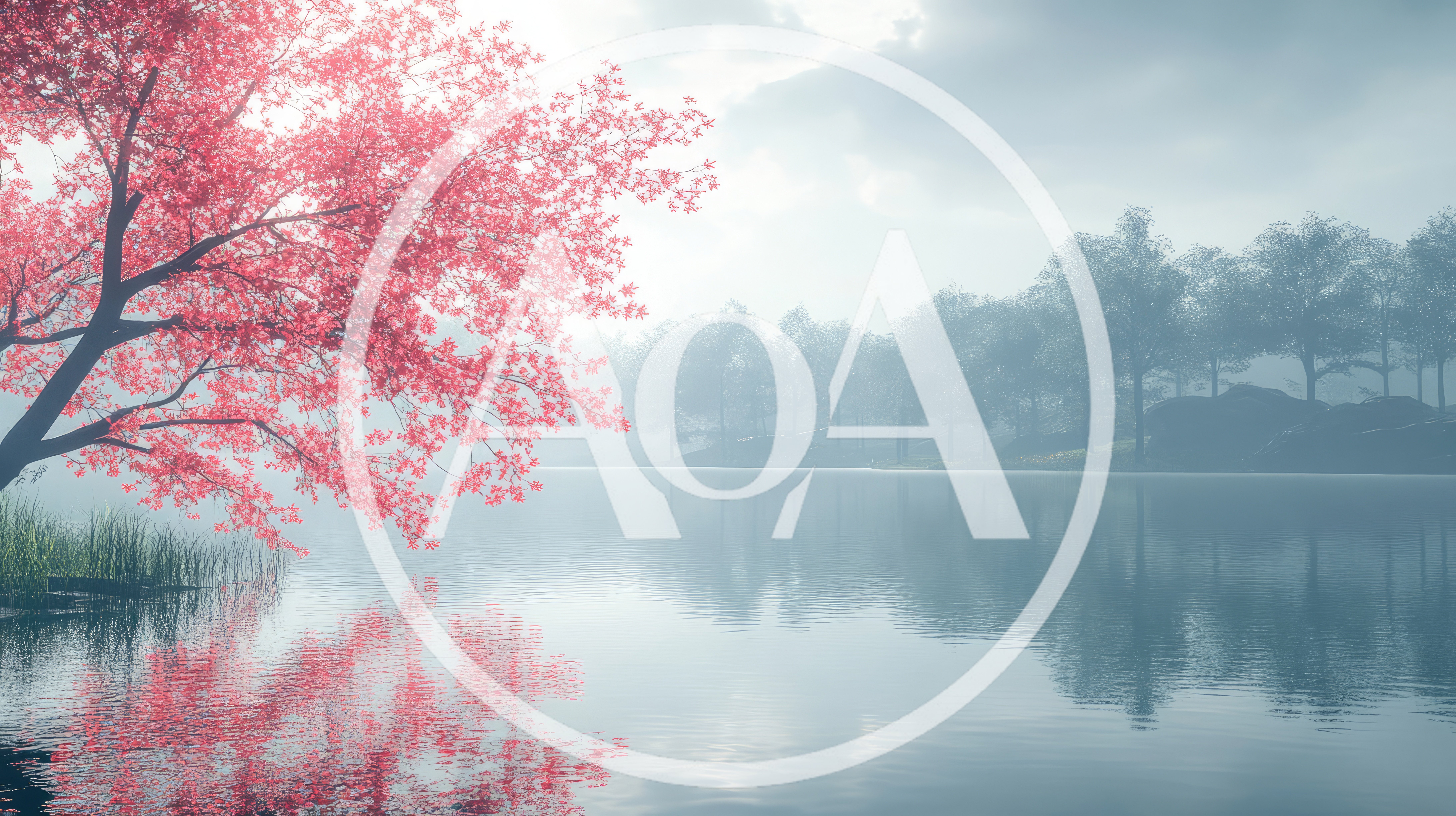 Pink Cherry Blossom Tree Overlooking A Misty Lake