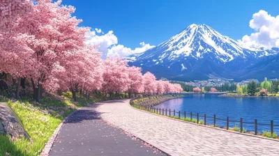 Cherry Blossom Trees Along A Lake Near Mount Fuji