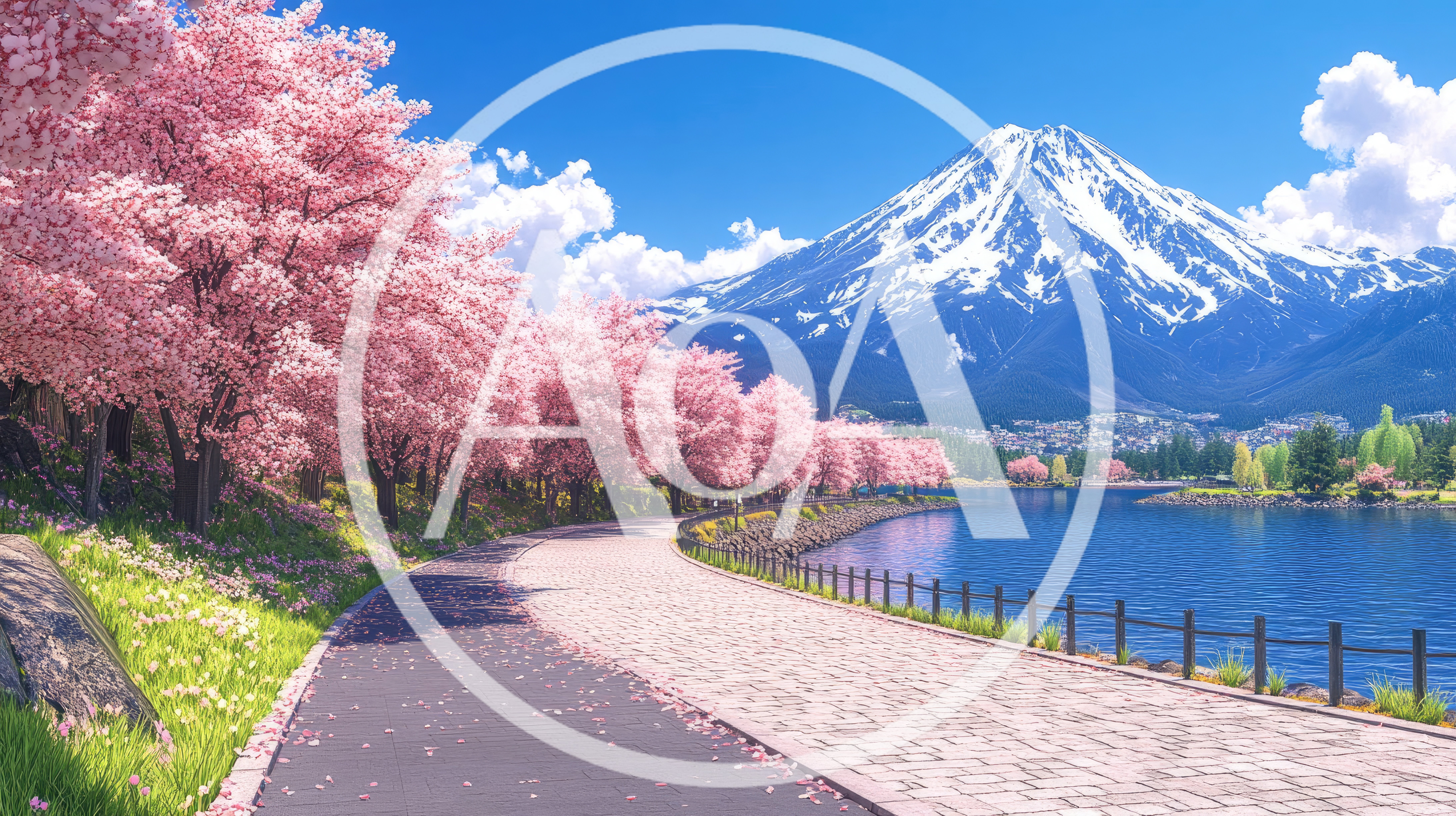 Cherry Blossom Trees Along A Lake Near Mount Fuji