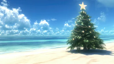 Decorated Christmas Tree Standing On A Tropical Beach