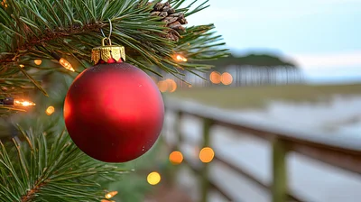 Red Christmas Ornament Hanging On Pine Tree Branch