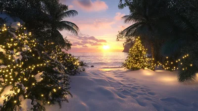 Snow Covered Tropical Beach With Christmas Lights At Sunset