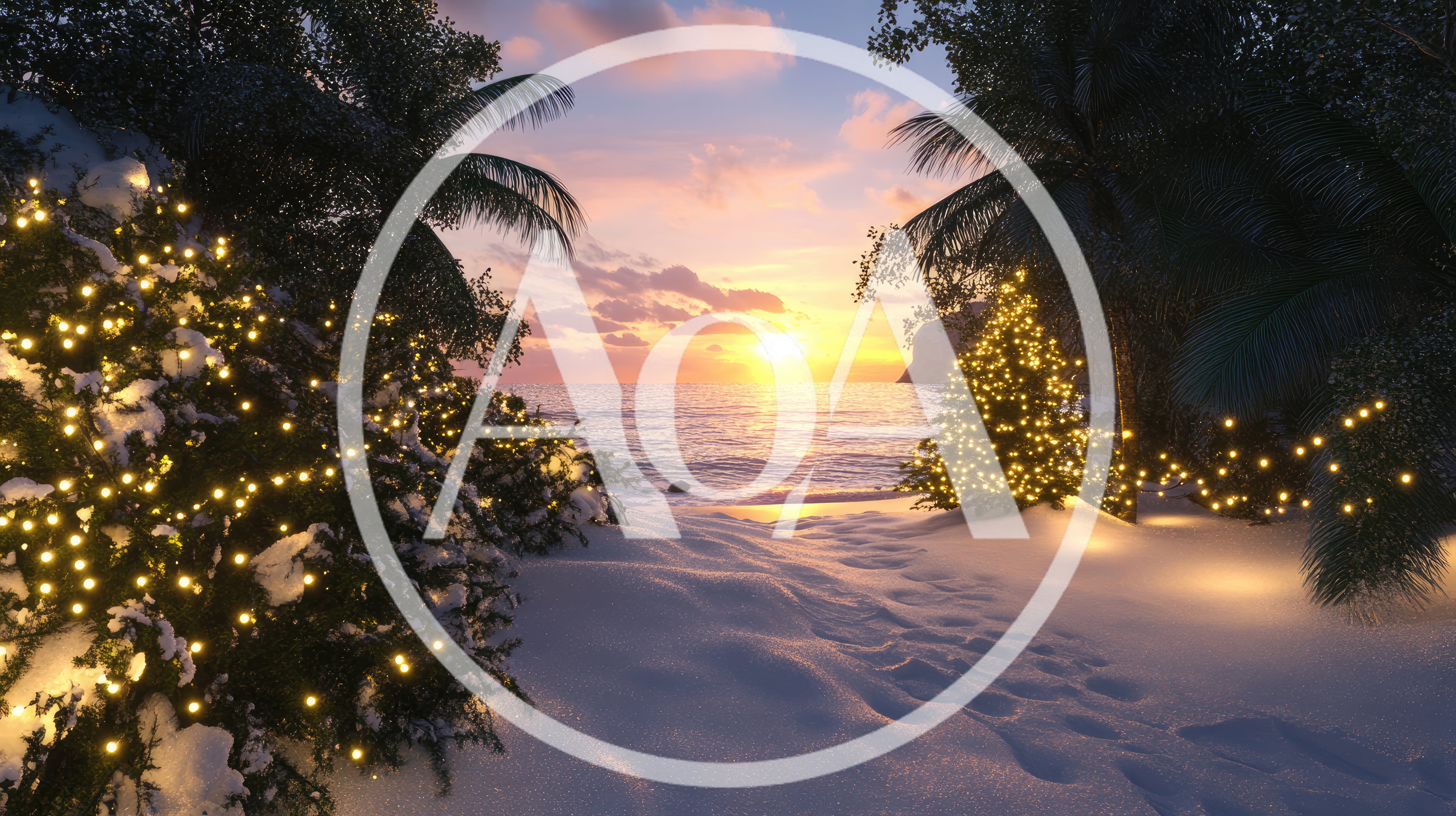 Snow Covered Tropical Beach With Christmas Lights At Sunset
