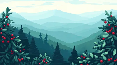 Stylized Mountain Landscape With Holly Bushes