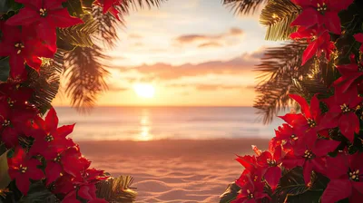 Tropical Christmas Beach Sunset With Poinsettia Frame