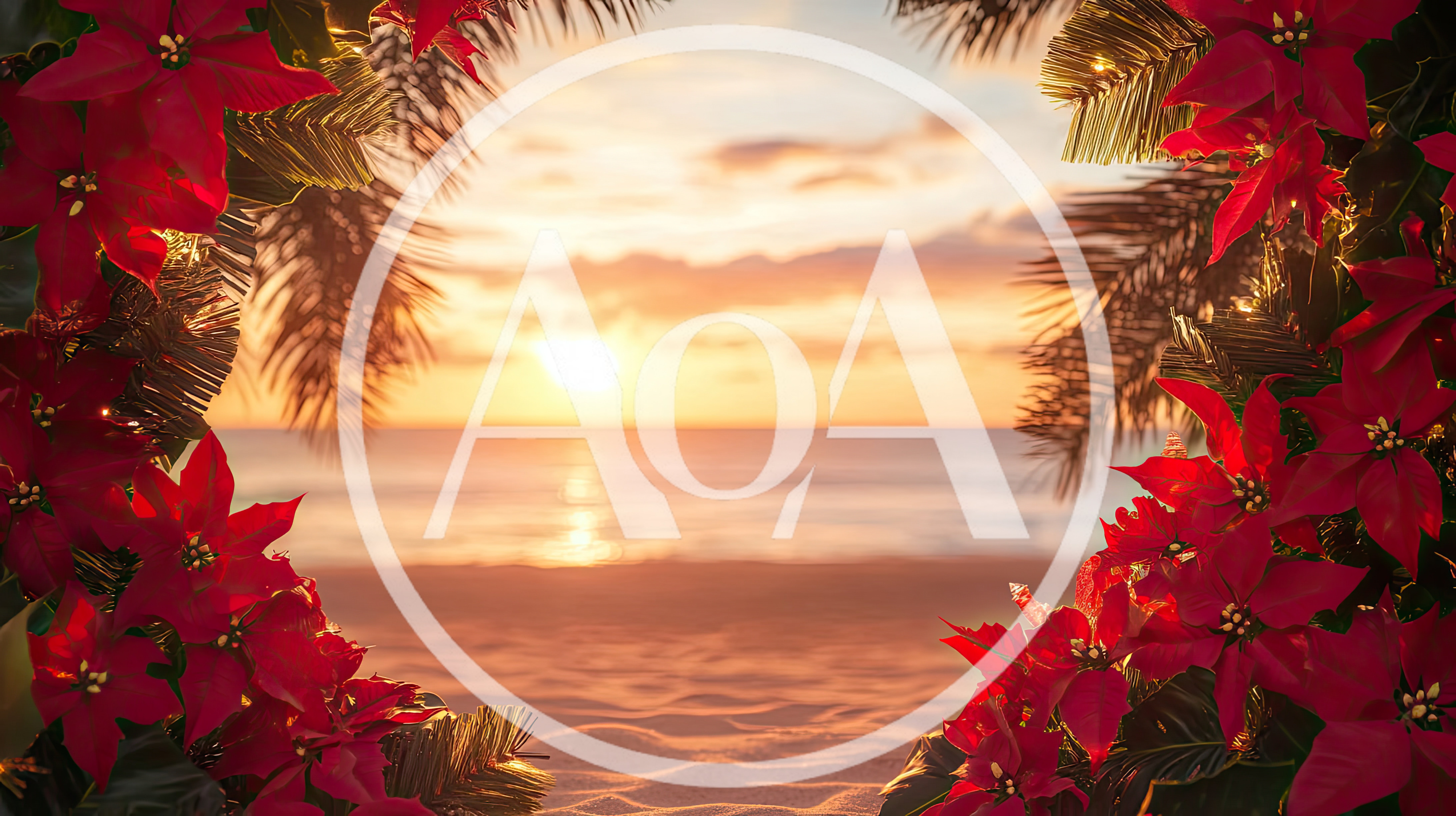 Tropical Christmas Beach Sunset With Poinsettia Frame