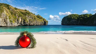 Red Christmas Ornament On Tropical Beach Sand