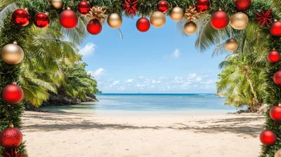 Christmas Garland Frame Over Tropical Beach Landscape