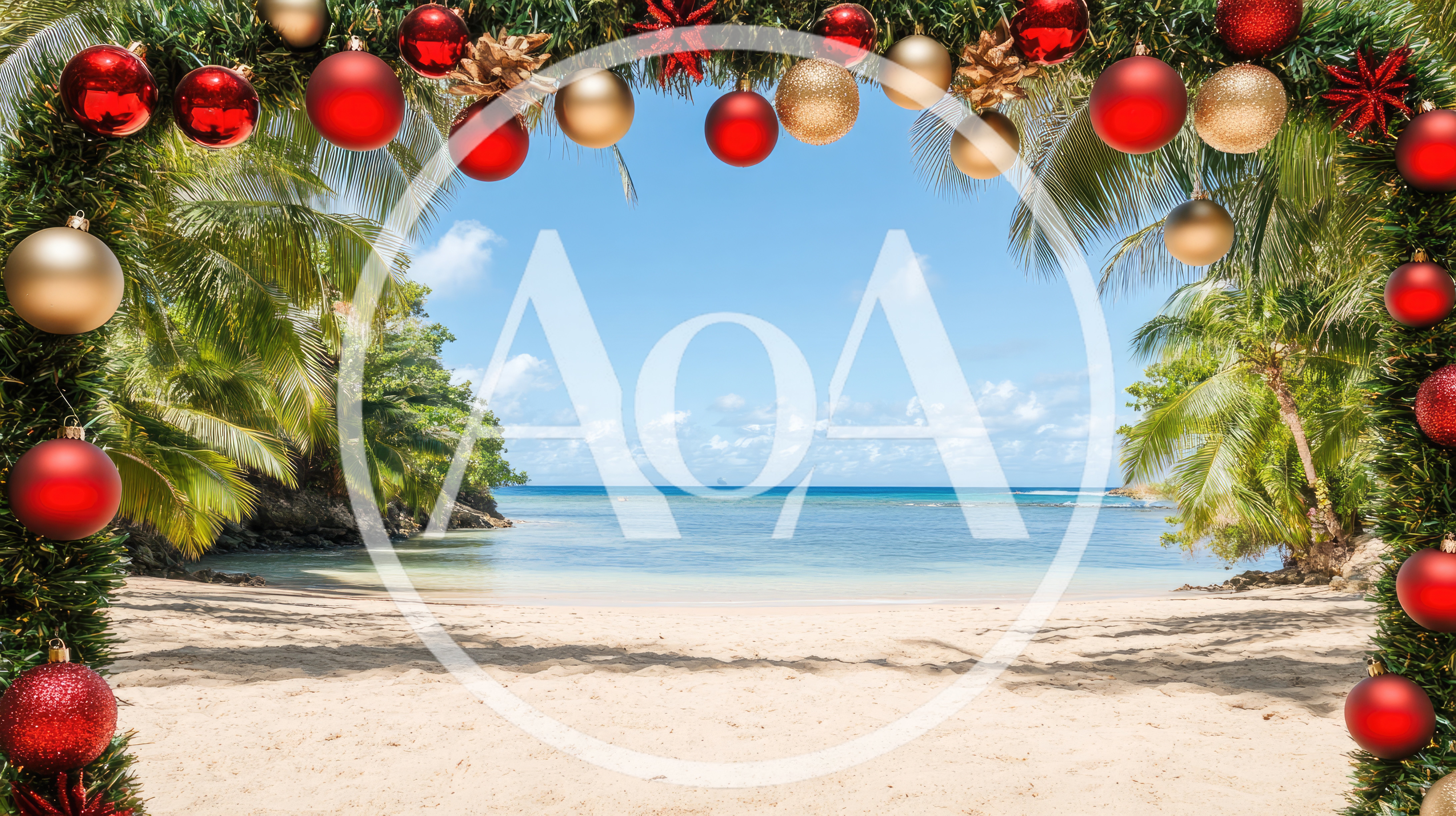 Christmas Garland Frame Over Tropical Beach Landscape