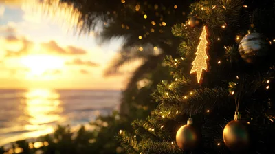 Christmas Tree Decorated With Ornaments At Tropical Sunset