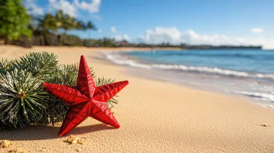 Red Christmas Star Ornament On Tropical Beach