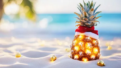 Pineapple Wearing Santa Hat on Tropical Beach