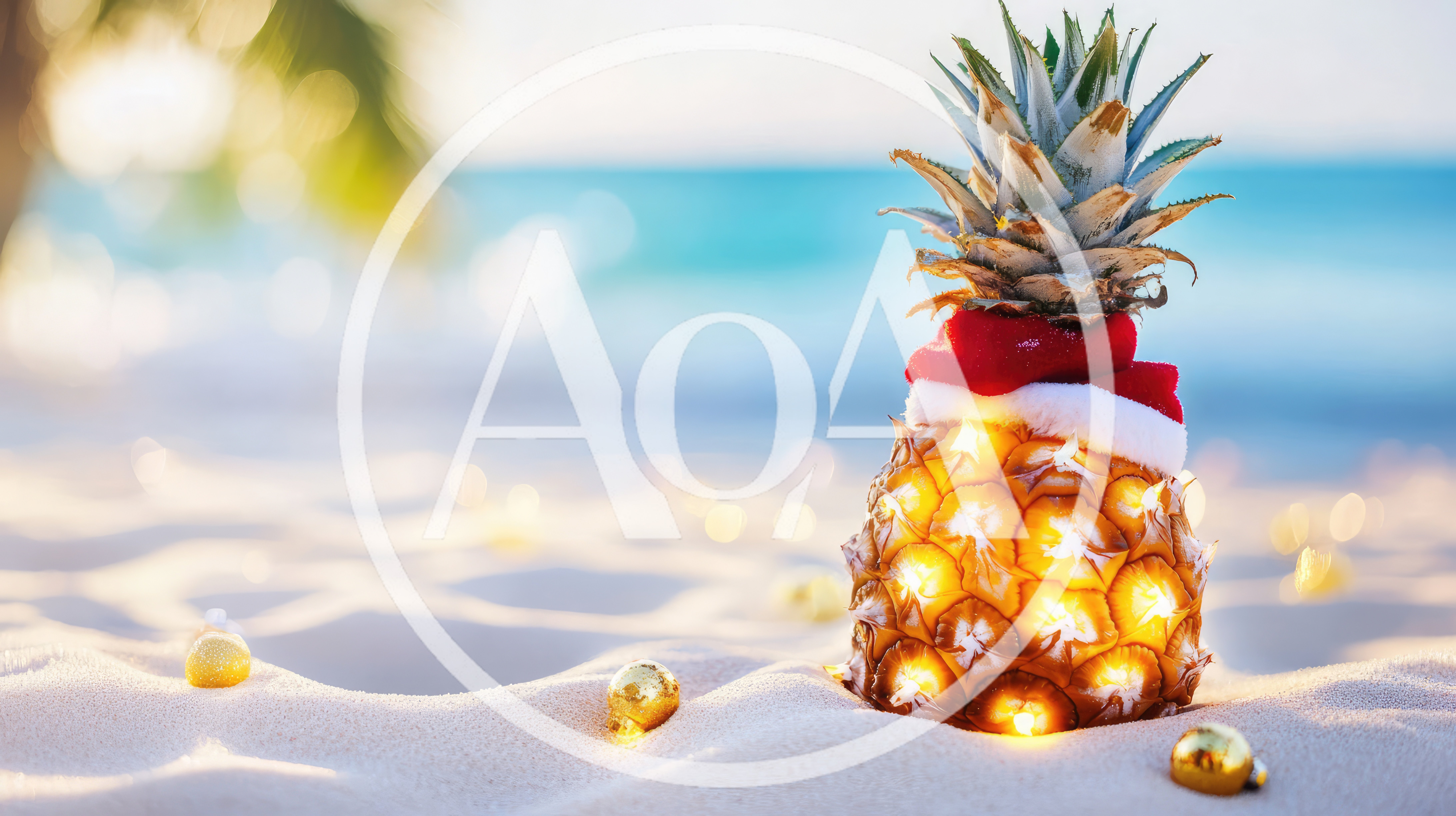 Pineapple Wearing Santa Hat on Tropical Beach