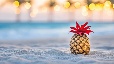 Pineapple With Red Leaves On A Sandy Beach