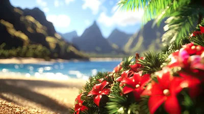 Vibrant Red Tropical Flowers On A Sunny Beach