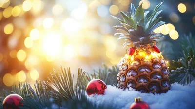 Christmas Pineapple Decorated With Fairy Lights In Snow