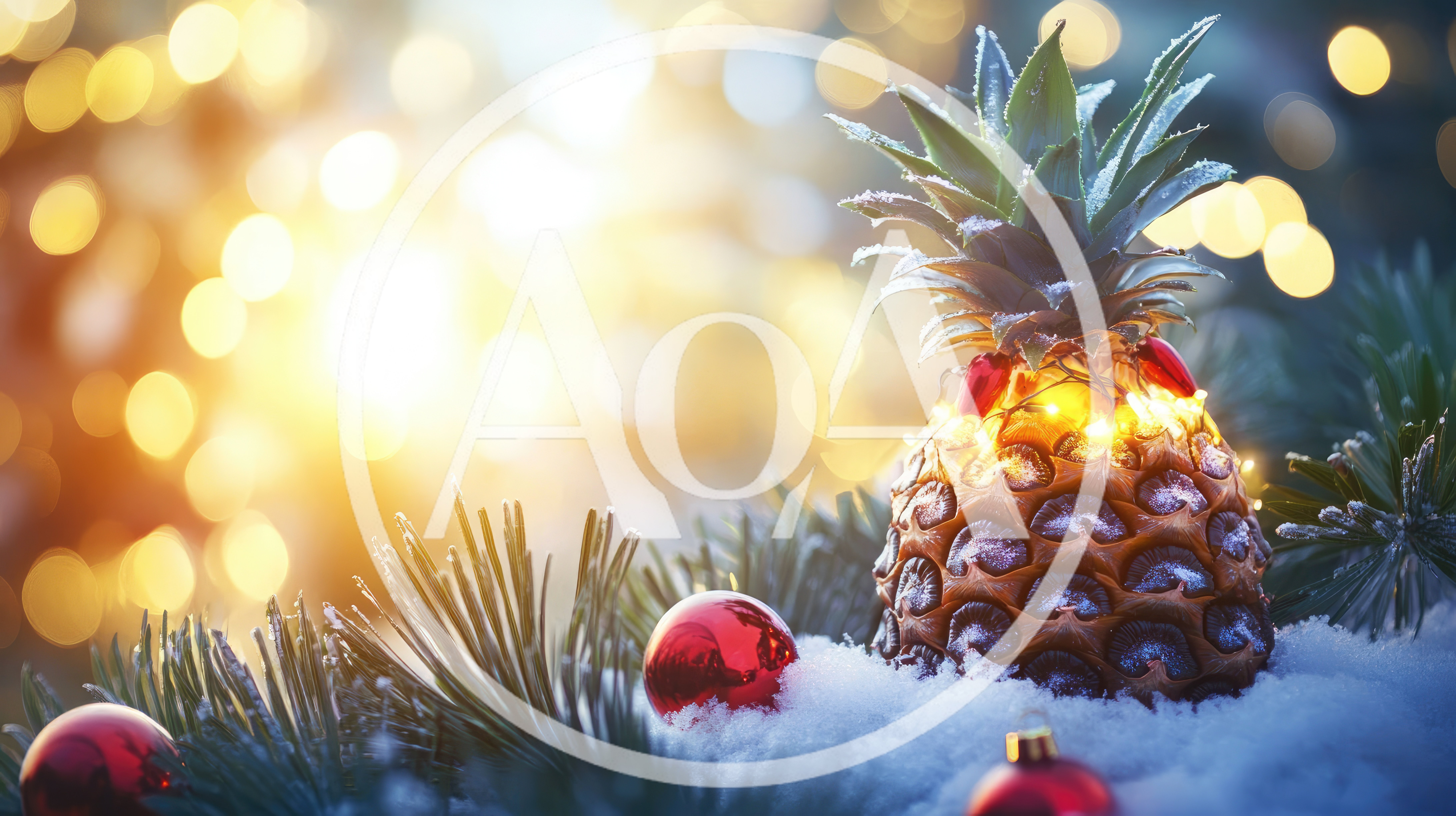Christmas Pineapple Decorated With Fairy Lights In Snow